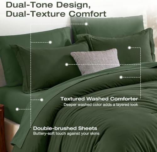 Sasttie Queen Comforter Set 7-Piece Dark Green, Pre-Washed Bed in a Bag