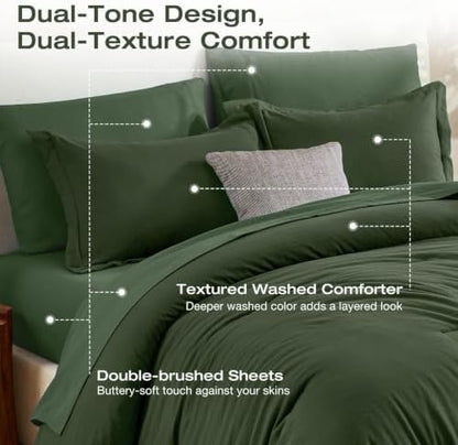 Sasttie Queen Comforter Set 7-Piece Dark Green, Pre-Washed Bed in a Bag