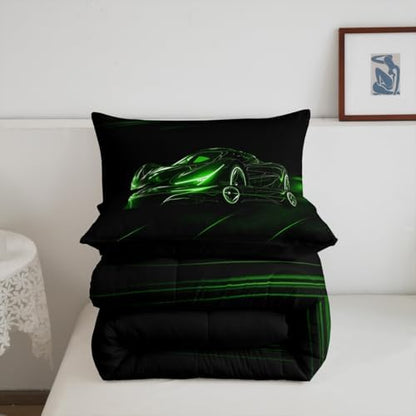 Feelyou Green Race Car Bedding Set Queen Size for Kids Teens