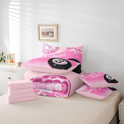 Erosebridal Pink Leopard Bow Girls Twin Bedding Set 7 Piece Preppy Fashion Y2K Comforter Set Cheetah Print Lucky 8 Ball Bed in A Bag with Sheets for Kids Teen Adults,Girly Coquette Y2K Bed Set