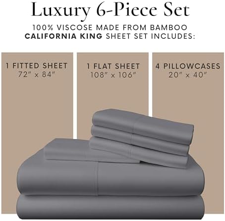 Bamboo Bay 6 Piece California King Size Sheet Set, 100% Viscose Made from Bamboo, Breathable, Ultra Soft Cooling Bed Sheets for Hot Sleepers, Beddings with Deep Pockets Fit 16" Mattress, Dark Grey