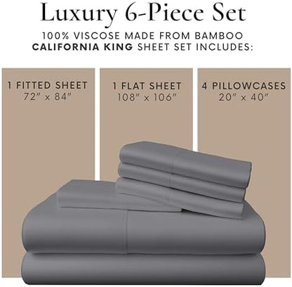 Bamboo Bay 6 Piece California King Size Sheet Set, 100% Viscose Made from Bamboo, Breathable, Ultra Soft Cooling Bed Sheets for Hot Sleepers, Beddings with Deep Pockets Fit 16" Mattress, Dark Grey