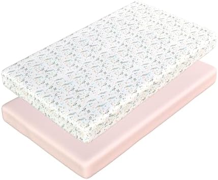 2 Pack Mini Crib Sheets - Jersey Cotton Pack and Play Sheets Fitted, 27" x 39", Fits Graco Pack n Play Mattress, Soft Playpen Sheets Pack n Play, Oeko-Tex, (Floral Pink Pack and Play Mattress Sheets)