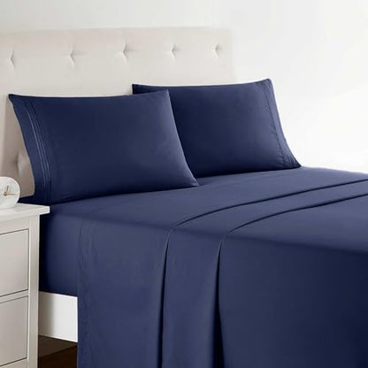 Clara Clark Bed Sheets, Premier 1800 Series 4 Piece Bed Sheet Set, Deep Pocket, Wrinkle, Fade, Stain Resistant, Luxury Soft Bedding Sheets & Pillowcases, Twin-XL, Navy Blue