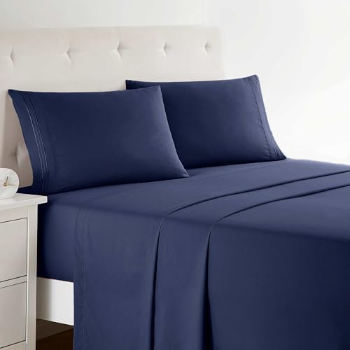 Clara Clark Bed Sheets, Premier 1800 Series 4 Piece Bed Sheet Set, Deep Pocket, Wrinkle, Fade, Stain Resistant, Luxury Soft Bedding Sheets & Pillowcases, Full, Navy Blue