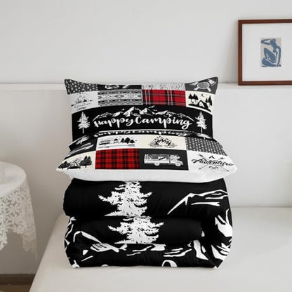 Castle Fairy Camping Camper Comforter Set Queen Size,RV Inside Decor Rustic Patchwork Bedding Set for Women Adult,Farmhouse Lodge Hunting Red Checkered Luxury Bed Duvet Insert, 2 Pillowcases