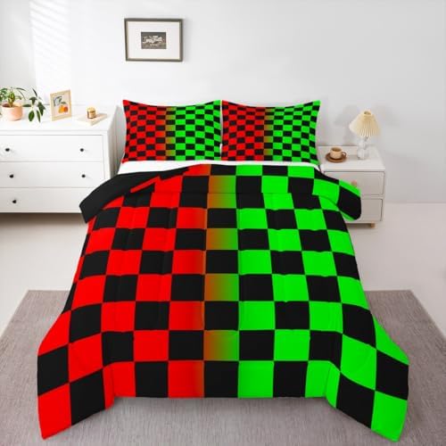Feelyou Checkered Retro Comforter Set All Season Geometric Vintage Bedding Set with 1 Pillow Cases Red Green Kids Toddler Bedclothes Modern Groovy Aesthetic Bedroom Decor Duvet Quilt
