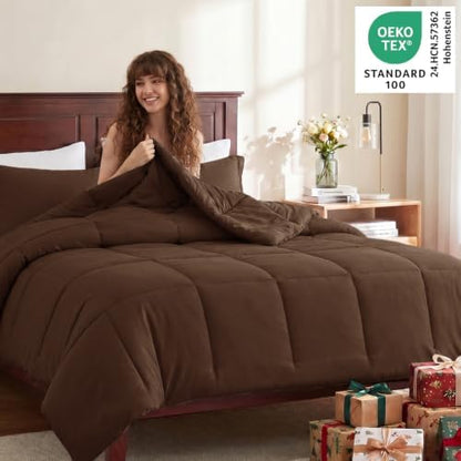 CozyLux Queen Size Comforter Set, 3-Piece Box-Stitched, Brown