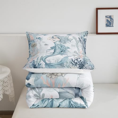Homewish Cartoon Mermaid Comforter Set King Size,Blue Coral Shell Fish Quilt Set 3Pcs for Kids Girls Woman Teens Room Decor,Watercolor Sea Life Bedding Set Fantasy Mermaid Duvet Insert,2 Pillowcases