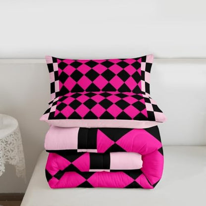Feelyou Checkered Geometric Comforter Set All Season Rose Pink Plaid Bedding Set with 1 Pillow Cases Checkerboard Modern Aesthetic Kids Twin Bedclothes Reversible Pink Bedroom Decor Duvet Quilt
