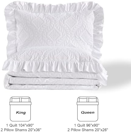 DJY Queen Size Quilt Sets, White Bedspreads, Ruffled Bedding Set
