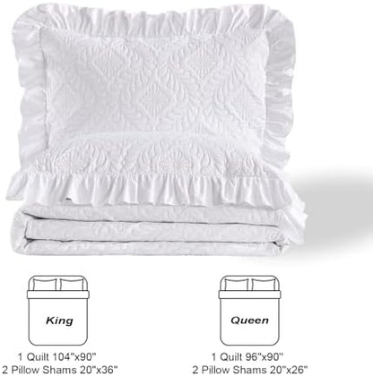 DJY Queen Size Quilt Sets, White Bedspreads, Ruffled Bedding Set