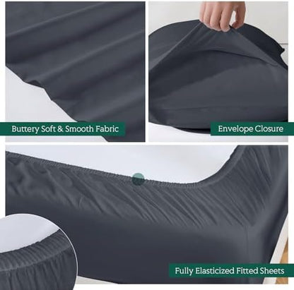 Cooling Sheets Set Full Size, Viscose Derived from Bamboo for Hot Sleepers | Deep Pocket Up to 15 Inch | Silky Soft & Breathable Bedding - 4PC (Full, Dark Grey)