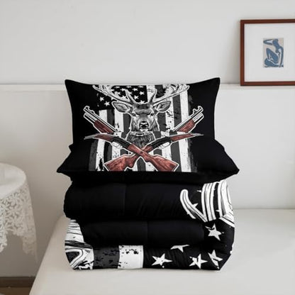 Erosebridal Deer Comforter Set American Flag Bedding Set Full Size Hunting Theme Duvet Set Western Rustic Farmhouse Decor Quilts Wild Animal Elk Print Down Comforter USA Flag Comforter 3 Pcs