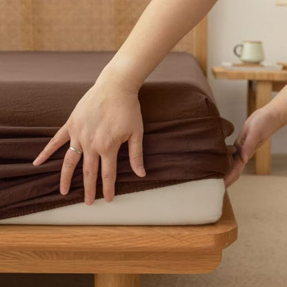 BESTOUCH Sheet Set 100% Washed Cotton Linen Feel Super Soft Comfortable Chic Lightweight 4 Pcs Home Bedding Set Solid Cocoa Brown Queen