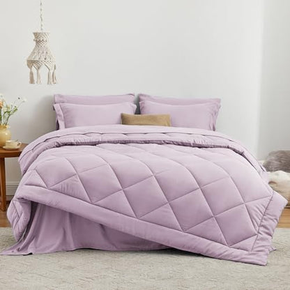 Love's cabin Queen Comforter Set Light Purple, 7 Pieces Queen Bed in a Bag, All Season Bedding Sets with 1 Comforter, 1 Flat Sheet, 1 Fitted Sheet, 2 Pillowcase and 2 Pillow Sham