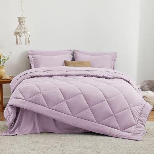 Love's cabin Full Comforter Set Light Purple, 7 Pieces Full Bed in a Bag, All Season Bedding Sets with 1 Comforter, 1 Flat Sheet, 1 Fitted Sheet, 2 Pillowcase and 2 Pillow Sham