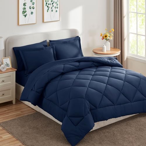 CozyLux California King Comforter Set 104"x96", 7 Piece, Navy