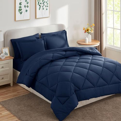 CozyLux California King Comforter Set 104"x96", 7 Piece, Navy