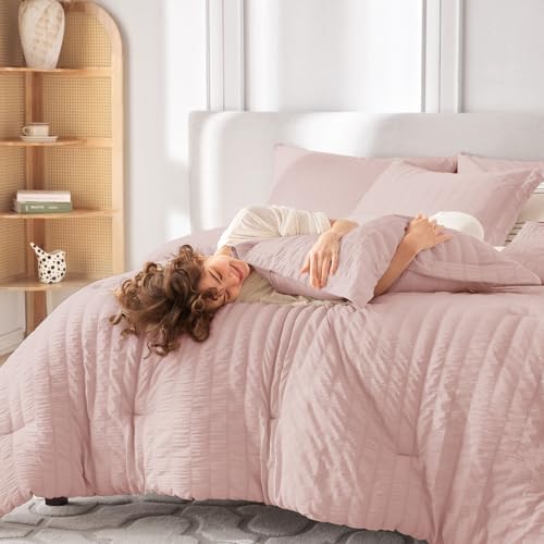 MUXHOMO 7 Pieces Oversized King Comforter Set, Seersucker Bed in a Bag Oversized King Size, All Season Luxury Bedding Set with Comforter, Flat Sheet, Fitted Sheet, Pillowcases & Shams, Rose Gold