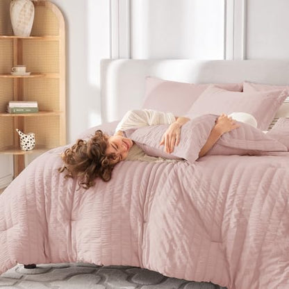 MUXHOMO 7 Pieces Oversized King Comforter Set, Seersucker Bed in a Bag Oversized King Size, All Season Luxury Bedding Set with Comforter, Flat Sheet, Fitted Sheet, Pillowcases & Shams, Rose Gold