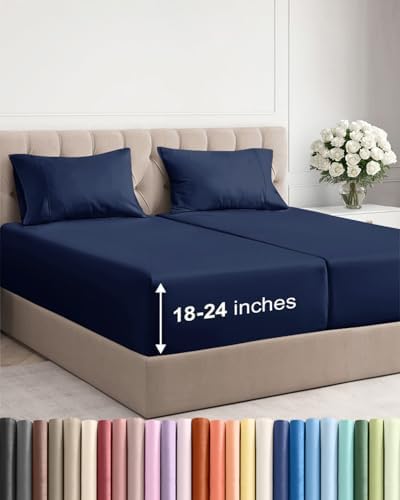 Extra Deep Split King Sheet Set - 5 Piece Soft & Cooling Sheets - Navy Blue