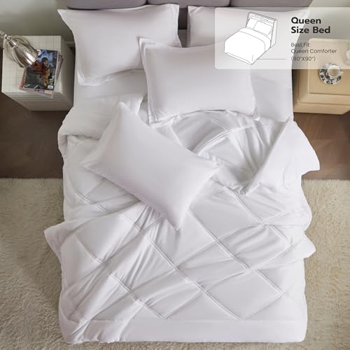 Joiedomi Queen Comforter Set with Sheets White, 7 Pieces Queen Bed Set with 1 Down Alternative Comforter, 1 Flat Sheet, 1 Fitted Sheet, 2 Pillowcases and 2 Pillow Shams, Bed in a Bag for All Seasons