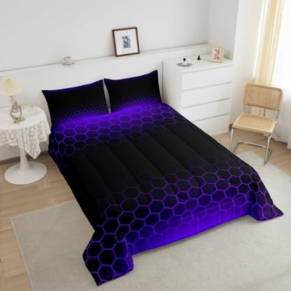 Purple Black Ombre Honeycomb Comforter Set King Size, Abstract Hexagonal Bedding Set for Kids Honeycomb Comforter Beehive Hexagon Duvet Durable Bed 3Pcs