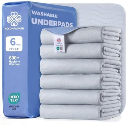 Accompagner Incontinence Bed Pads Washable Waterproof, Ultra-Absorbent Reusable Underpads for Diaper Changing, Nursing, Bedridden, Adults, Seniors, Kids and Dogs (Pearl Gray, 24"x24"(Pack of 6))