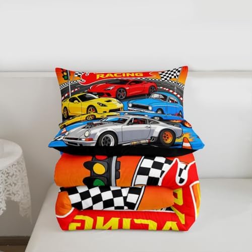 Feelyou Boys Race Car Kids Comforter Set Queen Size Speed Sports Car Bedding Set Racing Extreme Sports Duvet Quilt for Kids Boys Girls Bedroom Automobile Decor Microfiber Ultra Soft Breathable