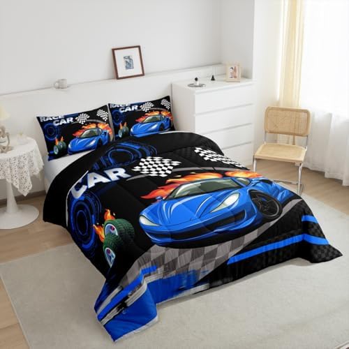 Feelyou Kids Blue Race car Comforter Set Queen Size Boys Girls