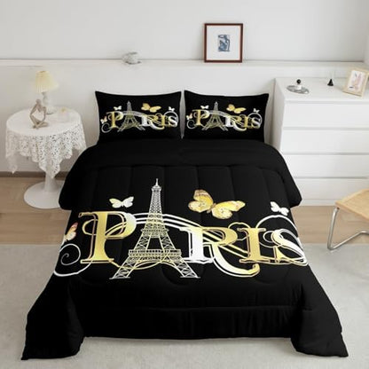 Eiffel Tower Comforter Chic Paris Theme Bedding Set for Kids Boys Girls Butterfly Paris Cityscape Printed Comforter Set Modern French Style Duvet Set Golden Black Bedroom Decor Quilt Set Queen Size