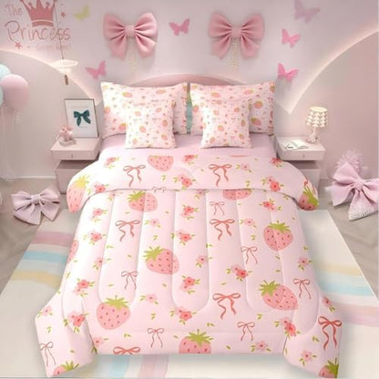 Erosebridal Strawberry Bed in a Bag Queen Comforter Set 7 Piece,Pink Bow Tie Bedding Set,Princess Silk Ribbon Comforter and Sheet Set Cute Bowknot Bed Set,Boho Floral Flowers Pink Kawaii Room Decor