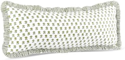 CPC Block Print Lotus Meadow Ruffle Cotton Lumbar Pillow Cover 14x36 inch