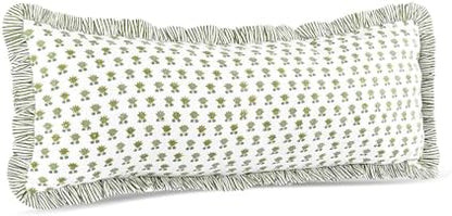 CPC Block Print Lotus Meadow Ruffle Cotton Lumbar Pillow Cover 14x36 inch