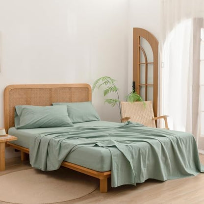 BESTOUCH Cal King Washed Cotton Linen Feel Sheet Set 4 Pcs Solid Green