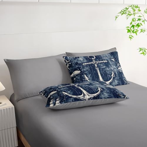 7Pcs Nautical Anchor Comforter Set Ocean Sailboat Printed Bedding Set with 1 Comforter, 1 Flat Sheet, 1 Fitted Sheet and 4 Pillowcases for Bedroom All Season(Anchor Full)