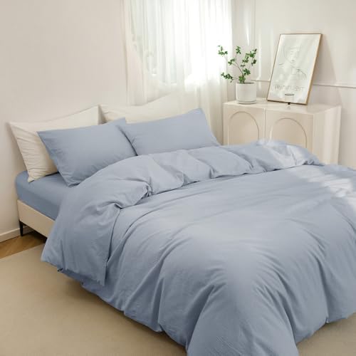 JIYUAN California King Washed Cotton Duvet Cover Set, Relaxed Linen Feel