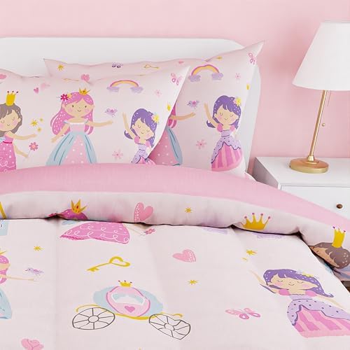 SANDJEST Princess Comforter Set Twin Size 68x86in for Kids Girls, Microfiber 3 Pcs Bedding Set Includes 1 Comforter, 1 Pillowcase, 1 Fitted Sheet, Nursery Room Decor