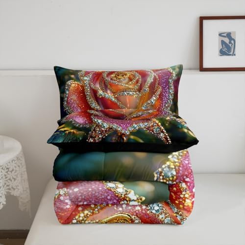 jejeloiu Glitter Rose Comforter Set Queen Size Kids Rose Floral Flower Bedding Set for Boys Girls Teens Garden Flower Duvet Breathable Romantic Quilt Bedroom Decor,1 Comforter with 2 Pillowcase