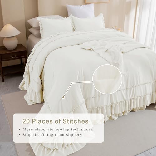 Masaca Oversized King Comforter 128x120,Farmhouse Shabby Boho Chic Ruffled Bedding Comforter Set,3Pcs Ivory Ruffle Extra Large King Size Comforter Sets French Country Rustic Bedding Set Ultra Soft