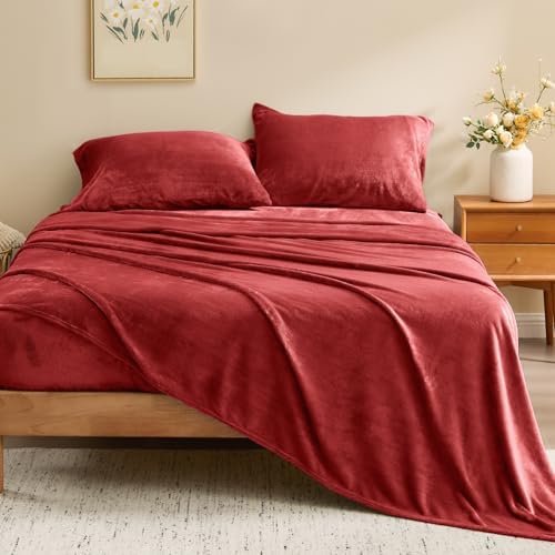 BEDELITE Flannel Sheets Queen Size, Red, 4 Pieces