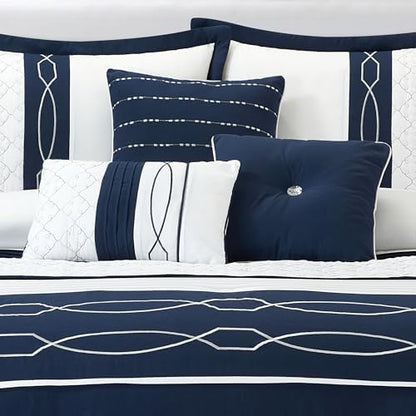 LANCO MODERN LIFESTYLE 7 Piece Comforter Set, King, White Navy Geometric Design, 100% Polyester, Luxury All Seasons Bed Set Includes Comforter, Bed Skirt, Pillow Shams, and Decorative Pillows