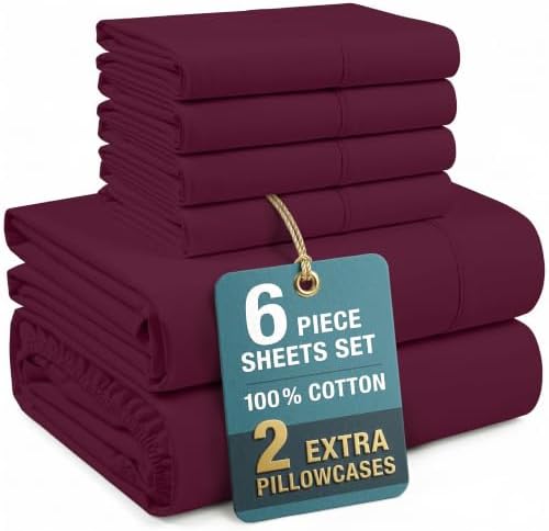 Casa Platino Queen Size Sheet Set – 6 Piece Cooling Sheets Queen Size 100% Cotton Crisp Percale Sheets with Breathable & Cozy Feel, 15" Deep Pocket Fitted Sheet for Secure Fit – Windsor Wine