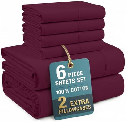 Casa Platino Queen Size Sheet Set – 6 Piece Cooling Sheets Queen Size 100% Cotton Crisp Percale Sheets with Breathable & Cozy Feel, 15" Deep Pocket Fitted Sheet for Secure Fit – Windsor Wine