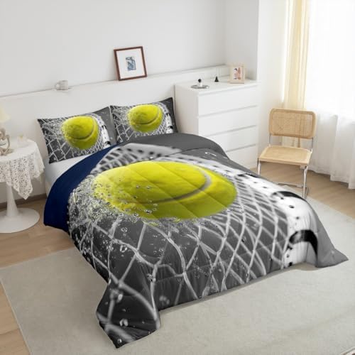 Castle Fairy Tennis Sports Bedding Set Toddler Size 3D Tennis Racket Comforter Set for Girls Boys Room Decor Fashion Sport Ball Games Down Comforter Yellow Grey Quilt Set with 1 Pillowcase