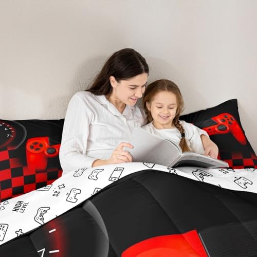 Gamer Comforter Set for Boys Teen Gaming Bedding Set Video Game Controller Home Decor for Men Child Buffalo Plaid Check Down Comforter Full Size 3 Pcs Duvet Set with 2 Pillow Shams,Black Red Geometric