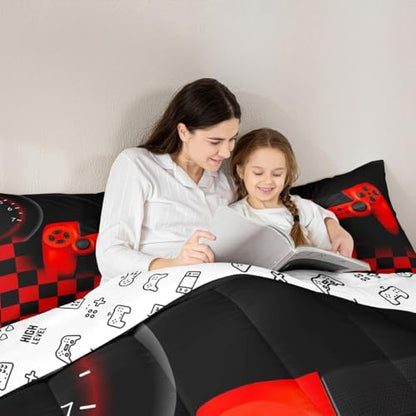 Gamer Comforter Set for Boys Teen Gaming Bedding Set Video Game Controller Home Decor for Men Child Buffalo Plaid Check Down Comforter Full Size 3 Pcs Duvet Set with 2 Pillow Shams,Black Red Geometric