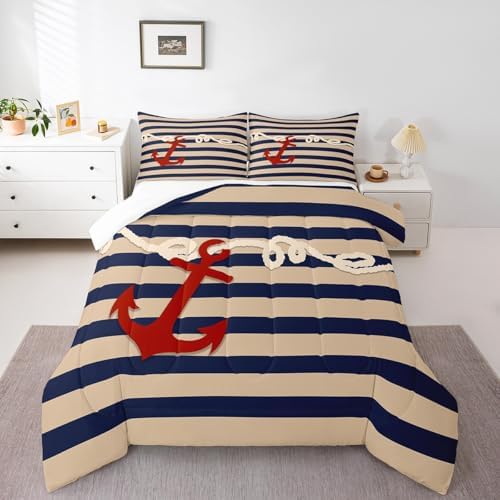 Homewish Red Anchor Comforter Set,Navigation Theme Bedding Set for Kids Girls Women,Adults Navy Stripes Comforter,Nautical Anchor Quilted Duvet Set Bedroom Collection Twin Size 2Pcs