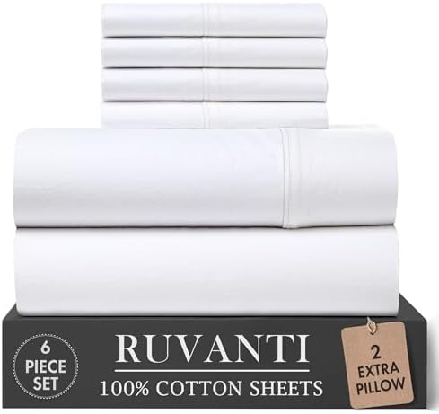RUVANTI 100% Cotton Percale King Sheets, King Size Sheets Set, Bright White